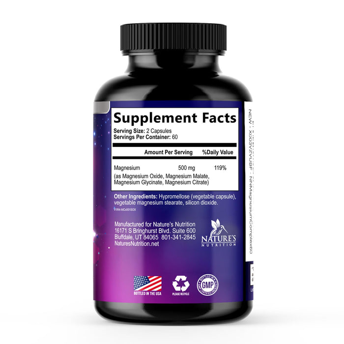 Magnesium Complex Supplement 500 mg - 5 in 1 High Absorption Chelated Magnesium Glycinate, Malate, Citrate, Oxide, Aquamin - Non-GMO Magnesio Capsules, Bone Muscle & Heart Health Support, 120 Capsules
