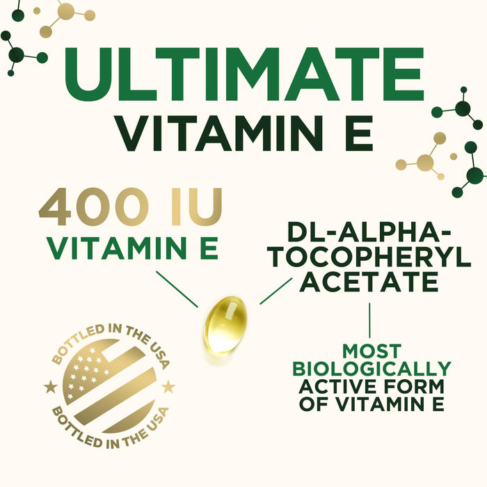 Vitamin E 400 IU Softgels (180mg DL-Alpha) for Women & Men, Supplement for Max Absorption, Nature's Antioxidant for Skin, Heart, Eye, and Immune Health Support, Dairy, Gluten & Soy Free, 60 Softgels