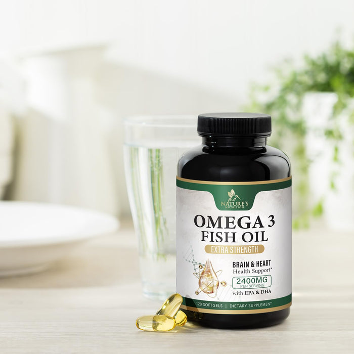 Omega 3 Fish Oil Supplements - 2400 mg Triple Strength Omega3, EPA & DHA with Essential Fatty Acids - Natural Immune, Brain & Heart Health Support - Gluten Free, Non-GMO, Wild Caught - 120 Softgels
