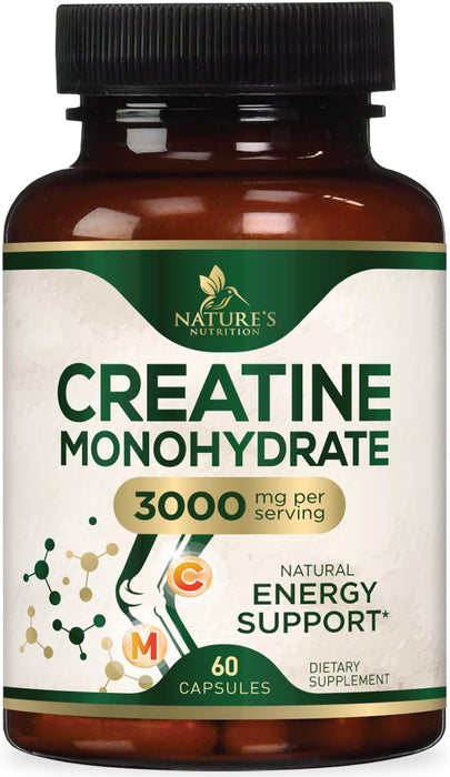 Creatine Monohydrate Capsules 3000mg – Best Micronized Creatine Powder - Supports Lean Muscle, Strength, Energy, & Endurance - Nature's Supplement, Non-GMO, Gluten Free for Women & Men - 60 Capsules