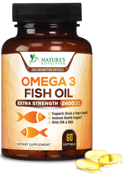 Omega 3 Fish Oil 2400 mg – Triple Strength EPA & DHA Fatty Acids for Heart, Brain & Joint Support – Wild-Caught, Burpless, Lemon Flavor Supplement – Natural, Non-GMO, Gluten-Free – 60 Softgels