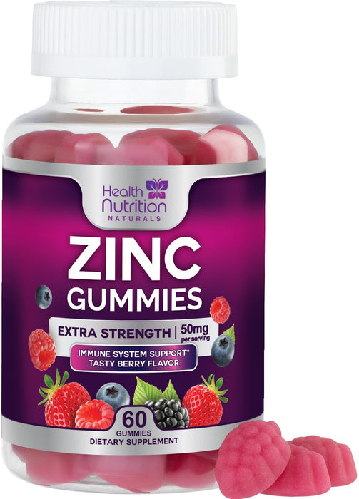 Zinc Supplement 50mg Gummies for Adults - Max Strength Skin Health & Immune Support Gummy, Vegan, Non-GMO & Gluten Free, Nature’s Antioxidant & Bone Health Chewable Tasty Berry Flavor - 60 Gummies