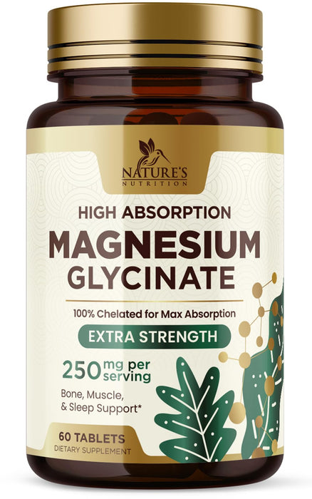 Magnesium (Glycinate) - Magnesium Supplement for Heart Health, Nerve, Muscle, Bone, and Sleep Support - 100% Chelated & High Absorption - 250 mg per Serving - Gluten Free, Vegan, Non-GMO - 60 Count