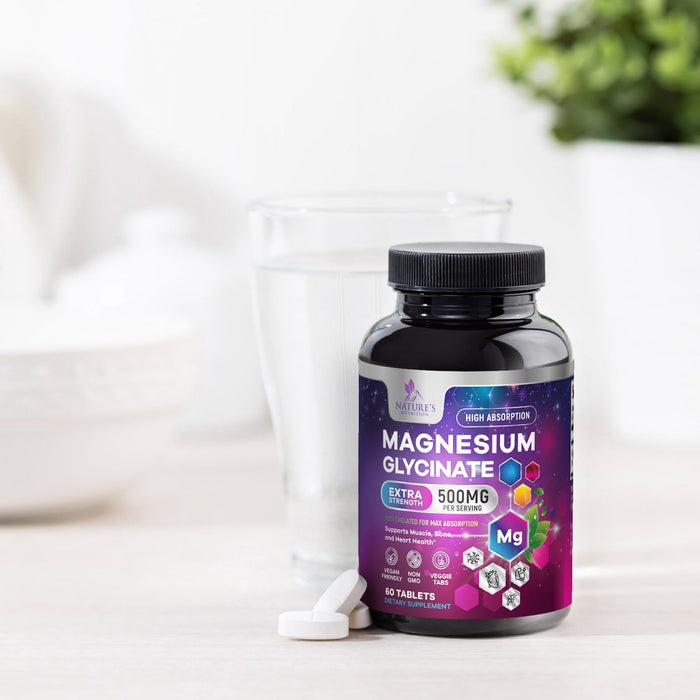 Magnesium Glycinate 500mg - Chelated for Ultra Absorption - Supports Bone, Muscle, Nerves & Heart Health, Nature's Sleep Support, Best Magnesium Supplement Pills for Whole Body Support - 60 Tablets