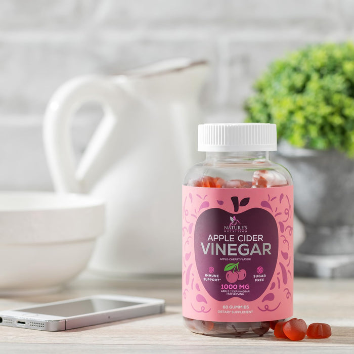 Vegan Apple Cider Vinegar Gummy 1000mg - Sugar Free ACV Gummies Vitamins Supplement with Vitamin B12 for Energy - Supports Digestion, Detox and Cleanse - Gelatin-Free, Non-GMO - 60 Gummies