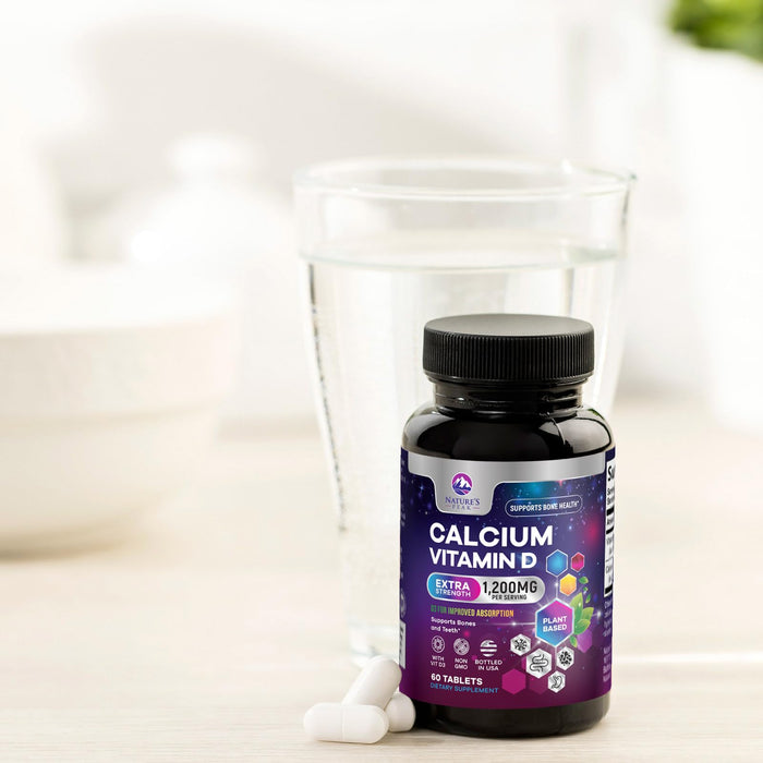 Calcium 1200 mg with Vitamin D3, Calcium Supplement Vitamins, Bone, Teeth & Immune Health Support, Calcium Supplements with D for Women & Men, Nature's Absorbable Calcium Carbonate - 60 Tablets