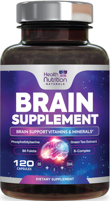 Brain Supplements for Memory and Focus - Extra Strength Nootropic Capsules for Concentration, Alertness, Cognitive Support - Phosphatidylserine, Brain Health Vitamins B6 C E Zinc - 120 Capsules