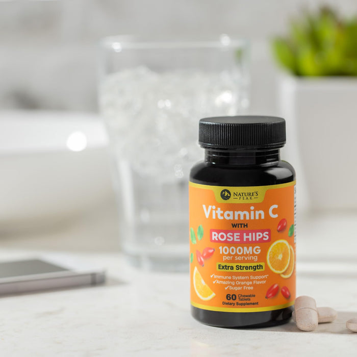 Vitamin C 1000mg Chewable Supplement - Extra Strength Immune Support Vitamin C Dietary Supplement with Rose HIPS, Nature's VitaminC Antioxidant Support, Natural, Vegan, Orange Flavor - 60 Tablets