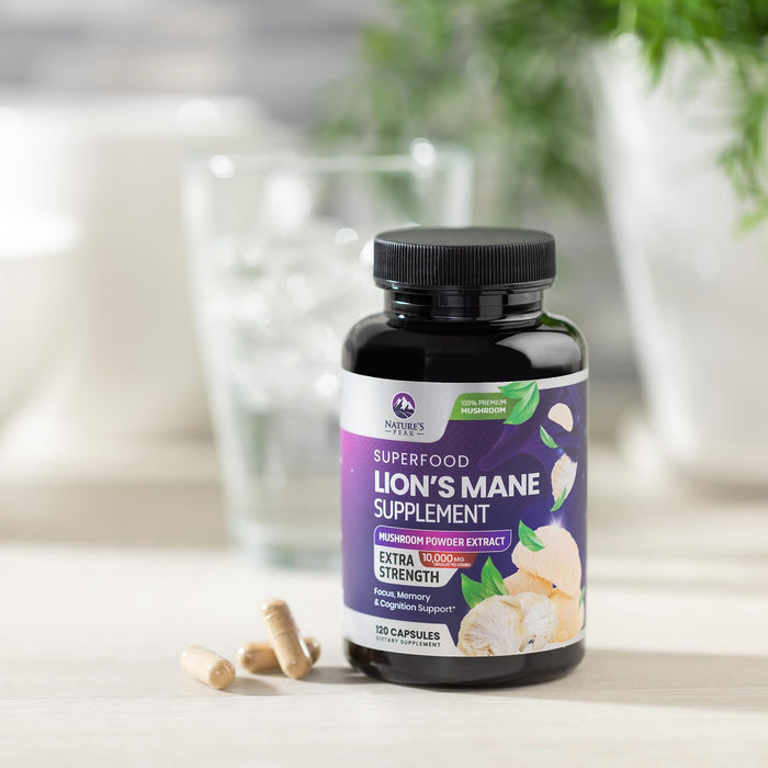 Lions Mane Mushroom Capsules 10,000mg - Lion’s Mane Supplement Capsules for Memory and Focus Support, Brain, Immune Health Support, Vegan, Bottled in USA, Lions Mane Mushroom Powder Extract, 120 Count