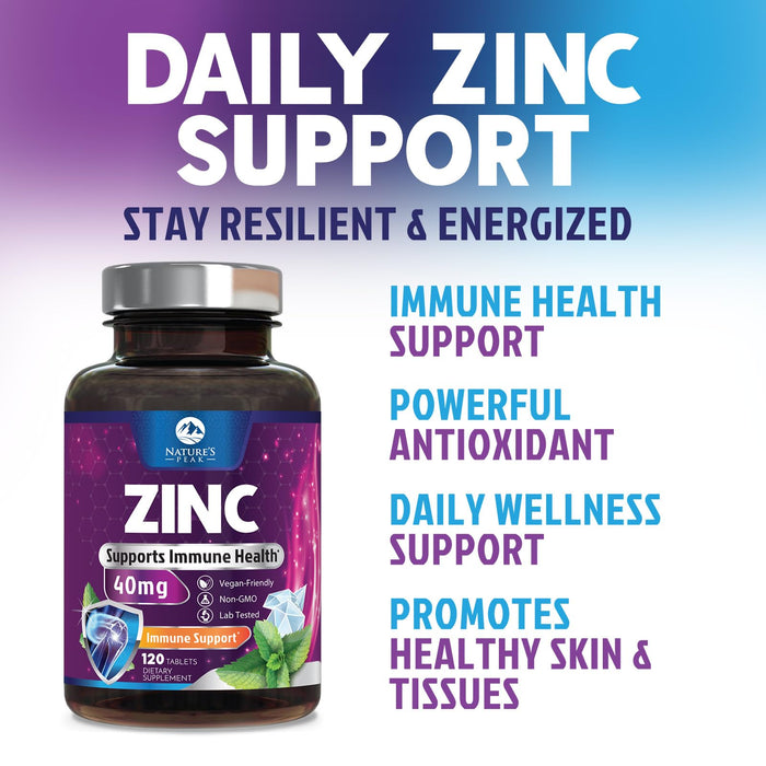 Zinc Supplement 40mg - Immune Support for Women & Men - High Potency Antioxidant, Chelated for Superior Absorption, Dietary Supplement Vitamin for Immune Health Support - 120 Tablets (120 Day Supply)