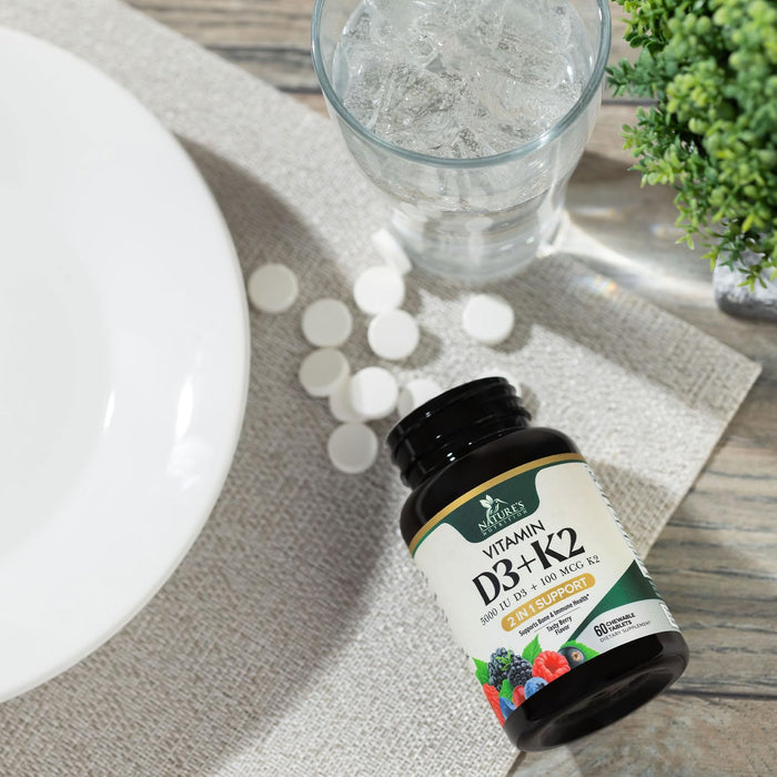 Vitamin D3 K2 Supplement | 5000 IU D3 + K2 100 mcg | MK-7 K2 with Vitamin D | Supports Immune, Heart, Teeth & Bone Health - Nature's Easy to Chew, VIT D3 K2, Non-GMO, Tasty Berry Flavor - 60 Tablets