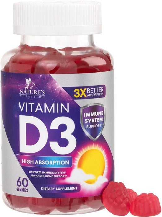 Vitamin D3 Supplement Gummy 5000 IU (125 mcg) Dietary Vitamins D for Men & Women - Bone, Teeth, Muscle & Immune Health Support, High Potency VIT D3 Nature's Non-GMO & Gluten Free - 60 Gummies