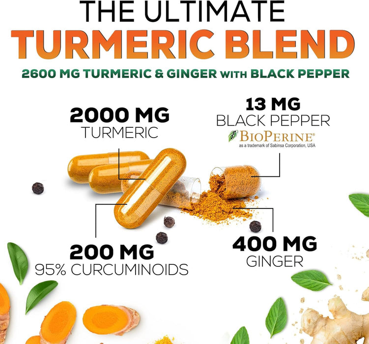 Turmeric Curcumin Supplement 2600mg with Organic Ginger & Turmeric, BioPerine Black Pepper Extract 95% Curcuminoids - Advanced Absorption Joint & Antioxidant Extra Strength Support - 120 Capsules