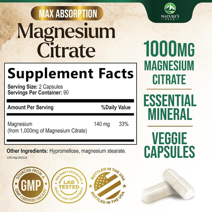Magnesium Citrate 1000mg - High Absorption Magnesium Supplement Supports Muscle, Bone, Nerve & Heart Health - Extra Strength Magnesio Complex Pills - Non-GMO, Premium Energy Formula - 180 Capsules