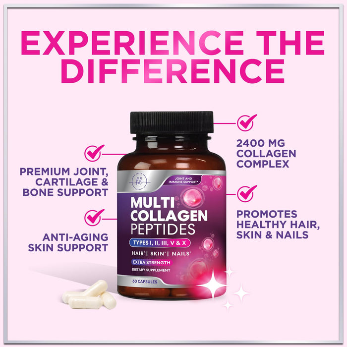 Multi Collagen Peptides Supplement - Hydrolyzed Types I, II, III, V & X Multi Collagen Pills, Hydrolyzed Collagen Peptides Supplements, Hair, Skin, Nail, and Joint Support Supplement, 60 Capsules
