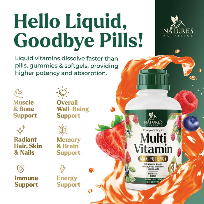 Liquid Multivitamin, Sugar Free Multi Vitamin for Women Men & Kids, Vitamins A, C, D, B-12, Biotin & Zinc for Beauty, Skin Care, Thicker Hair Growth & Wrinkles, Non-GMO, Vegan, Berry Flavor, 15 Fl Oz