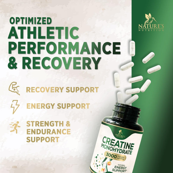 Creatine Monohydrate Capsules 3000mg – Best Micronized Creatine Powder - Supports Lean Muscle, Strength, Energy, & Endurance - Nature's Supplement, Non-GMO, Gluten Free for Women & Men - 120 Capsules