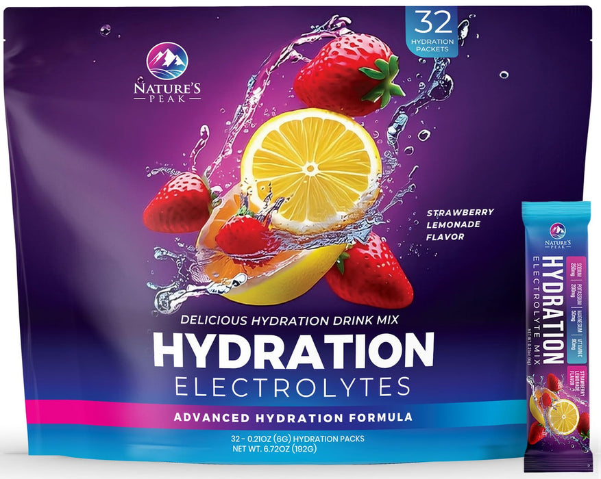 Electrolyte Hydration Packets - Best Electrolytes Drink Mix - Sugar Free Formula with Sodium, Potassium, Magnesium, Zinc & Vitamin C for Dehydration Relief and Rehydration, Strawberry Lemon (32 Pack)