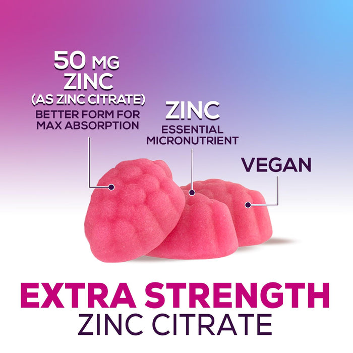 Zinc Supplement 50mg Gummies for Adults - Max Strength Skin Health & Immune Support Gummy, Vegan, Non-GMO & Gluten Free, Nature’s Antioxidant & Bone Health Chewable Tasty Berry Flavor - 120 Gummies