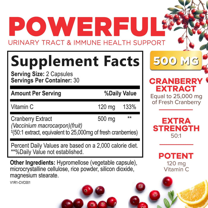 Cranberry Supplement Pills 25,000mg - High Potency Vitamin C Cranberry for Women & Men, Urinary Tract Health Support, Sugar Free, Gluten Free, Non-GMO, Cranberry Concentrate Extract - 60 Capsules