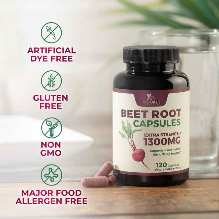 Beet Root Capsules 1300mg - Extra Strength Red Beetroot Powder Supplement – Supports Nitric Oxide Production, Heart Health & Natural Energy – Non-GMO, Vegan, Gluten Free – 120 Veggie Capsules