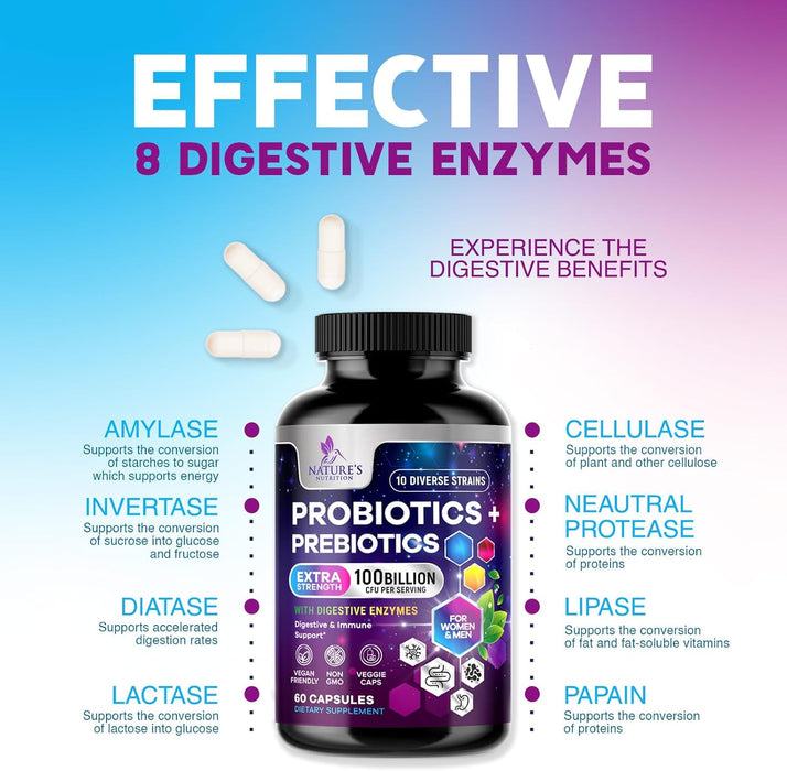 Probiotics for Women & Men 100 Billion CFU - 10 Strains with Lactobacillus, Digestive Gut Health Probiotics & Immune Support Supplement, Supports Occasional Constipation, Gas & Bloating - 60 Capsules