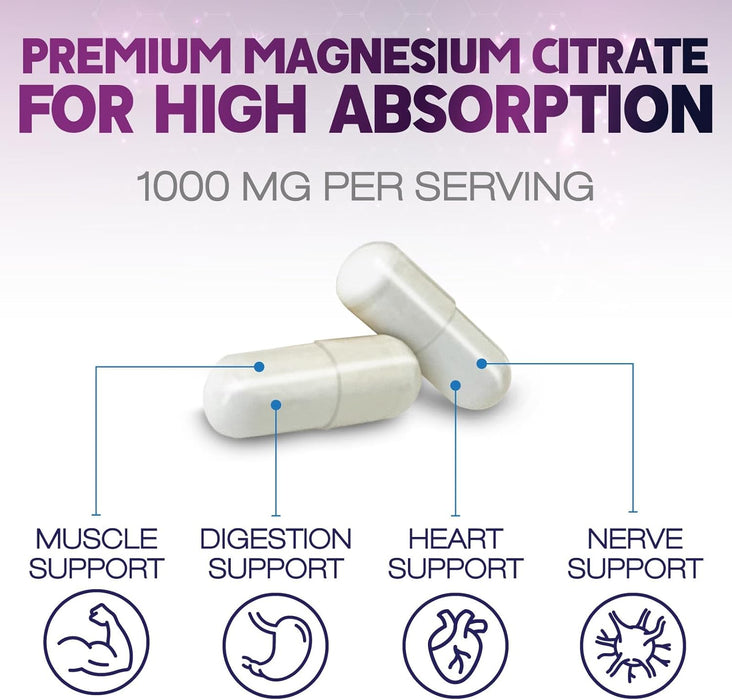 Magnesium Citrate Capsules 1000mg - Max Absorption Magnesium Powder for Muscle, Nerve, Bone and Heart Health Support, High Absorption Citrate Complex, Gluten Free, Non-GMO - 120 Capsules
