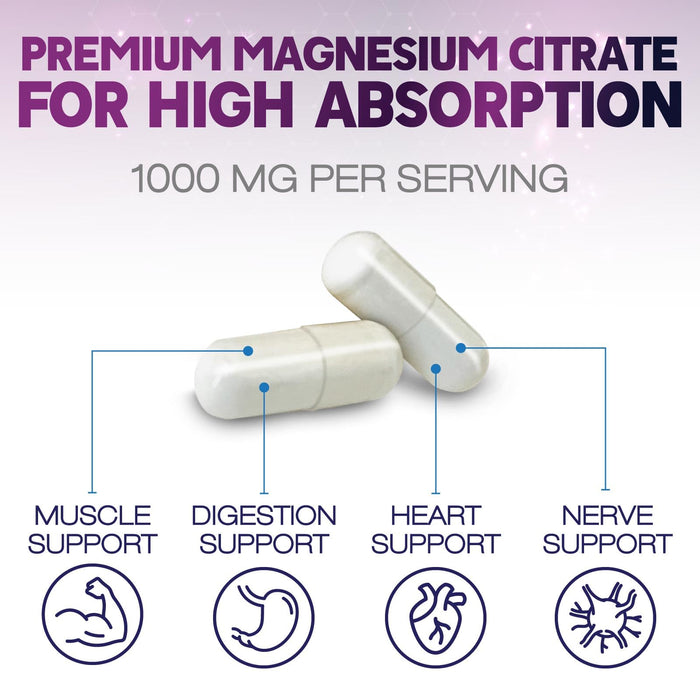 Magnesium Citrate Capsules 1000mg - Max Absorption Magnesium Powder for Muscle, Nerve, Bone and Heart Health Support, High Absorption Citrate Complex, Gluten Free, Non-GMO - 60 Capsules