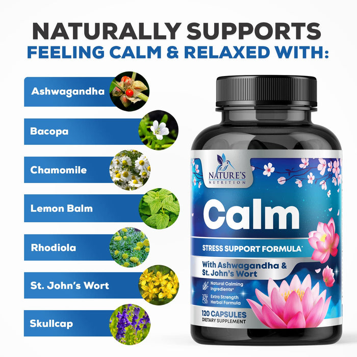 Natural Calm, Unwind & Relax Support with Ashwagandha, GABA, Magnesium, 5-HTP, L-Theanine & B Vitamins, Natural Focus, Energy & Immune Support - Nature's Non-GMO, Vegan, Gluten Free - 120 Capsules
