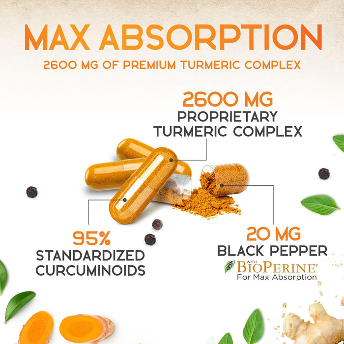 Turmeric Curcumin Supplement 2600mg - 95% Curcuminoids with Organic Turmeric & BioPerine Black Pepper for Best Absorption, Nature's Vegan Joint Support, Non-GMO Tumeric, Bottled in USA - 180 Capsules