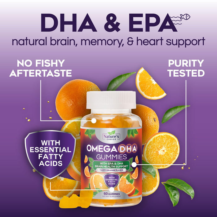 Omega 3 Fish Oil Gummies - Triple Strength Omega3 Gummy - DHA & EPA Fatty Acids for Heart Health, Joint & Brain Support, Nature's High Absorption Omega Fish Oil Supplement, Orange Flavor- 60 Gummies