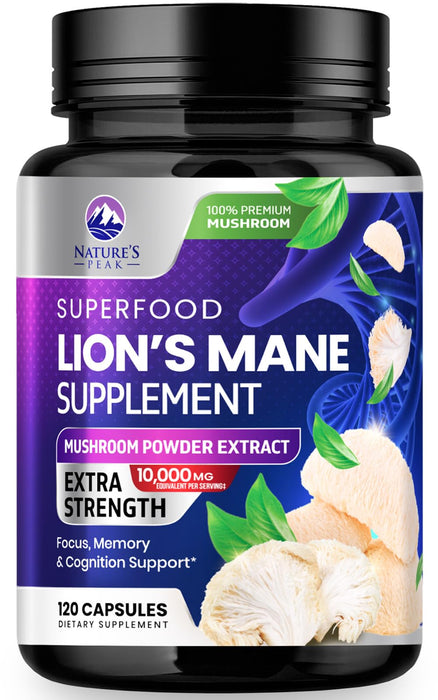 Lions Mane Mushroom Capsules 10,000mg - Lion’s Mane Supplement Capsules for Memory and Focus Support, Brain, Immune Health Support, Vegan, Bottled in USA, Lions Mane Mushroom Powder Extract, 120 Count