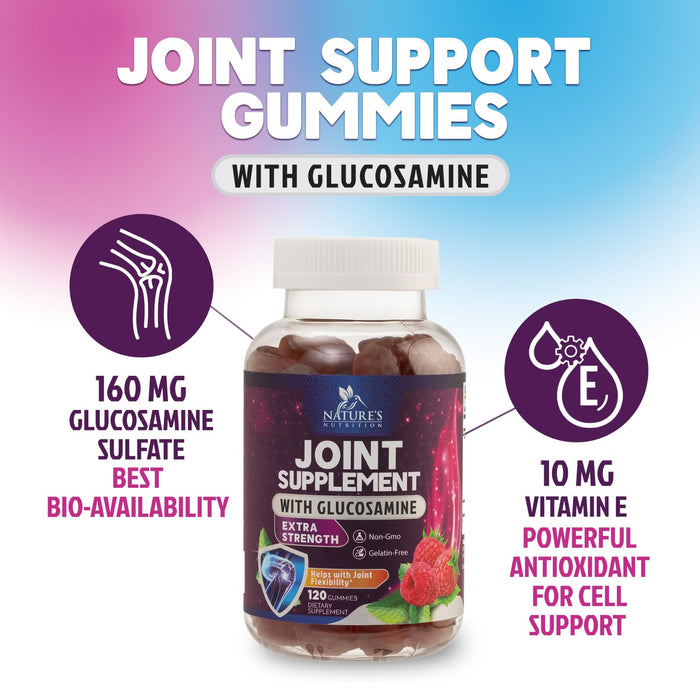 Joint Support Gummies Glucosamine Plus Vitamin E - Nature's Joint Support Supplement for Occasional Discomfort for Back, Knees & Hands - Cartilage & Joint Health & Flexibility Support - 120 Gummies