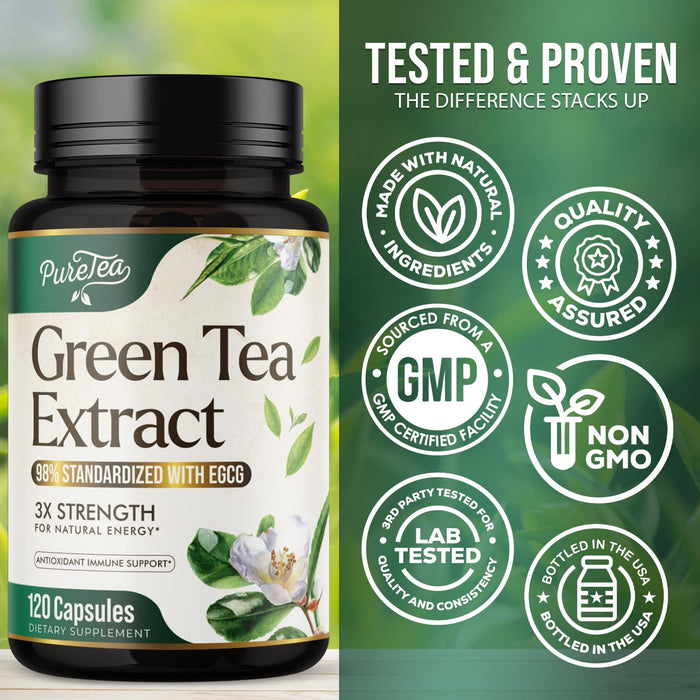Green Tea Extract Capsules 1000mg with 98% Standardized Polyphenols & 45% EGCG for Heart Support with Antioxidants - 3X Absorption Green Tea Pills for Natural Energy, Gentle Caffeine - 120 Capsules