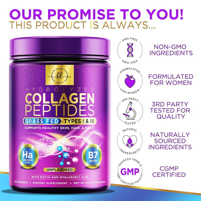 Collagen Peptides Powder Unflavored - Supports Hair, Nail, Skin, Bone & Joint Health - Grass Fed Hydrolyzed Powder Type I & III, Best Collagen Supplements with Hyaluronic Acid & Biotin - 28 Servings