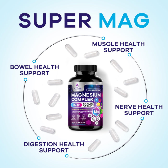 Magnesium Complex Supplement 500 mg - 5 in 1 High Absorption Chelated Magnesium Glycinate, Malate, Citrate, Oxide, Aquamin - Non-GMO Magnesio Capsules, Bone Muscle & Heart Health Support, 120 Capsules