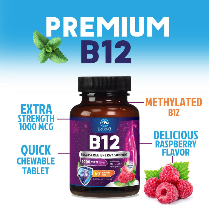 Vitamin B12 1000 mcg (Methylcobalamin) Super B 12 Complex Dietary Supplement for Energy & Immune Support, Vegan, Sugar-Free, Sublingual, Tasty Raspberry Flavor - 60 Chewable Tablets, 60 Day Supply