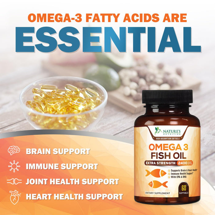 Omega 3 Fish Oil 2400 mg – Triple Strength EPA & DHA Fatty Acids for Heart, Brain & Joint Support – Wild-Caught, Burpless, Lemon Flavor Supplement – Natural, Non-GMO, Gluten-Free – 60 Softgels