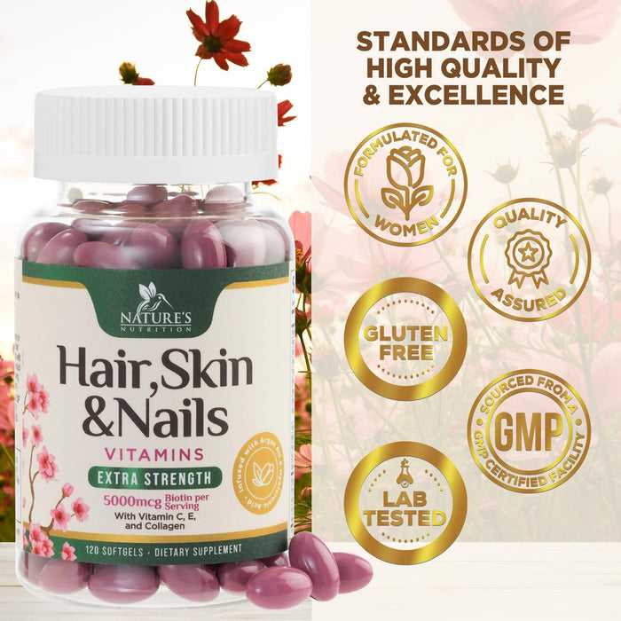 Hair Vitamins Biotin 5000 mcg Collagen for Hair Skin and Nails Vitamin Nature's, Supports Supplement Fast Fuller Thicker Healthy Growth Support, with Hyaluronic Acid Women & Men, Non-GMO, 120 Softgels