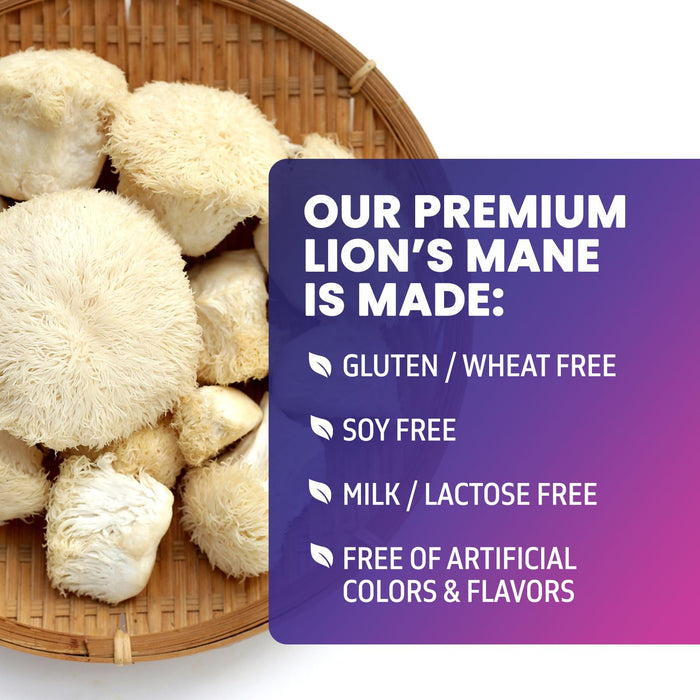 Lions Mane Mushroom Capsules 10,000mg - Lion’s Mane Supplement Capsules for Memory and Focus Support, Brain, Immune Health Support, Vegan, Bottled in USA, Lions Mane Mushroom Powder Extract, 120 Count