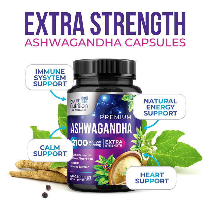 Ashwagandha Supplement 2100mg - Extra Strength Herbal Root Extract, Best Ashwagandha Supplements for Men & Women, Restore, Unwind, Calm Support Formula, Vegetarian, Non-GMO, Gluten-Free, 120 Capsules