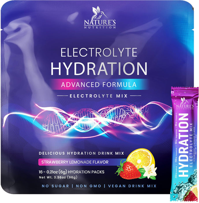 Hydration Electrolyte Packets - Daily Liquid Replenisher Powder - Electrolyte Multiplier with Minerals, Potassium & Real Salt - Vegan, Non-GMO - Tasty Lemon Flavor Hydration Electrolytes - 16 Servings