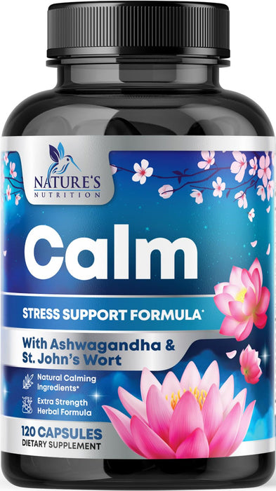 Natural Calm, Unwind & Relax Support with Ashwagandha, GABA, Magnesium, 5-HTP, L-Theanine & B Vitamins, Natural Focus, Energy & Immune Support - Nature's Non-GMO, Vegan, Gluten Free - 120 Capsules