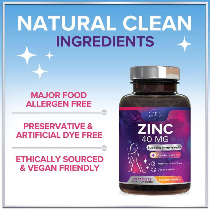 Zinc Supplements for Women and Men - 40mg Supplement for Immune Support, Skin Health Support, & Antioxidant Supplement for Adults, High Potency Zinc Gluconate 40 mg, Non-GMO - 120 Tablets