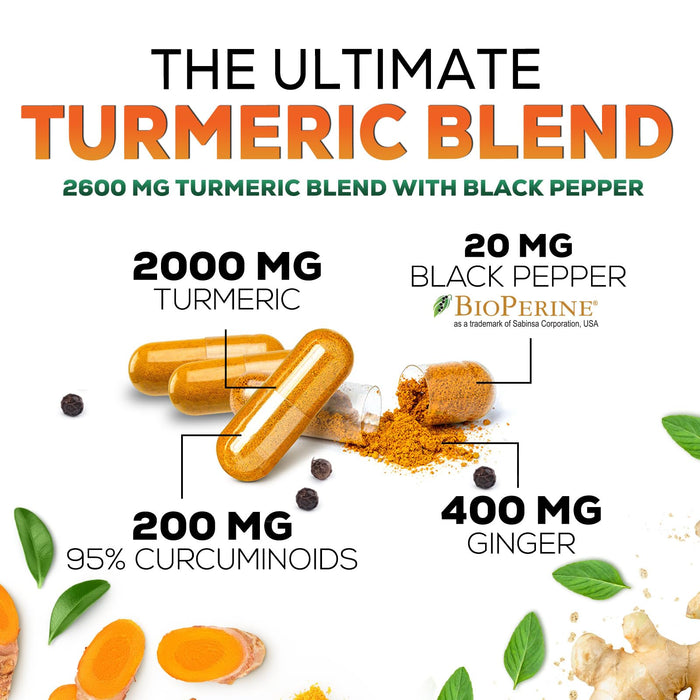 Turmeric Curcumin Supplement 2600mg with Organic Ginger & Turmeric, BioPerine Black Pepper Extract 95% Curcuminoids - Advanced Absorption Joint & Antioxidant Extra Strength Support - 60 Capsules