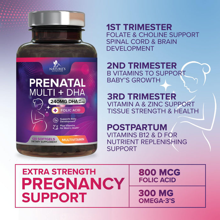 Prenatal Vitamins with Folic Acid & DHA, Fetal Brain Development Support with Folate & Omega 3's, Prenatal Multivitamin for Women, Vitamin A, C, D, B6, B12 & Iron, Pregnancy Supplement - 120 Softgels