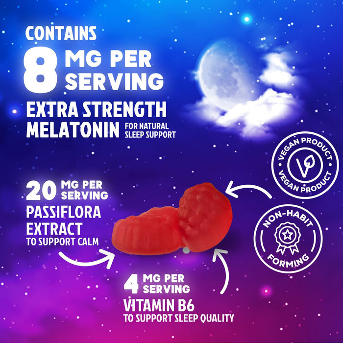 Melatonin Sleep Gummies - 8 mg Melatonin Extra Strength with 20mg Passiflora Sleeping Gummy Supplements, Sleep Gummies for Adults, Occasional Sleeping Support Supplement, Non-Habit Forming - 60 Count