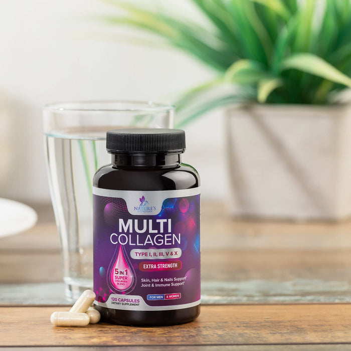 Multi Collagen Peptides Supplement - Hydrolyzed Types I, II, III, V & X Multi Collagen Pills, Hydrolyzed Collagen Peptides Supplements, Hair, Skin, Nail, and Joint Support Supplement, 120 Capsules