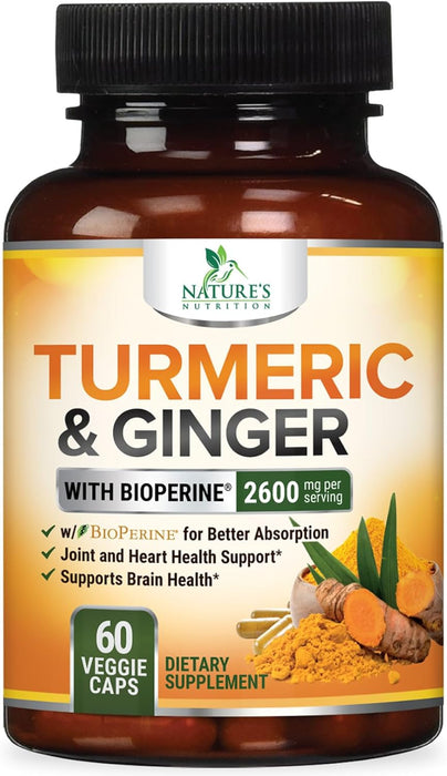Turmeric Curcumin Supplement 2600mg with Organic Ginger & Turmeric, BioPerine Black Pepper Extract 95% Curcuminoids - Advanced Absorption Joint & Antioxidant Extra Strength Support - 60 Capsules
