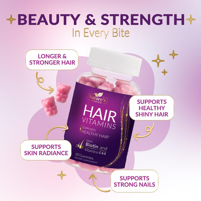 Hair Vitamins Gummies with Biotin 5000 mcg Vitamin E & C Support Hair Growth Gummy, Premium Vegetarian Non-GMO, for Stronger, Beautiful Hair, Skin & Nails, Biotin Gummies Supplement - 60 Gummy Bears